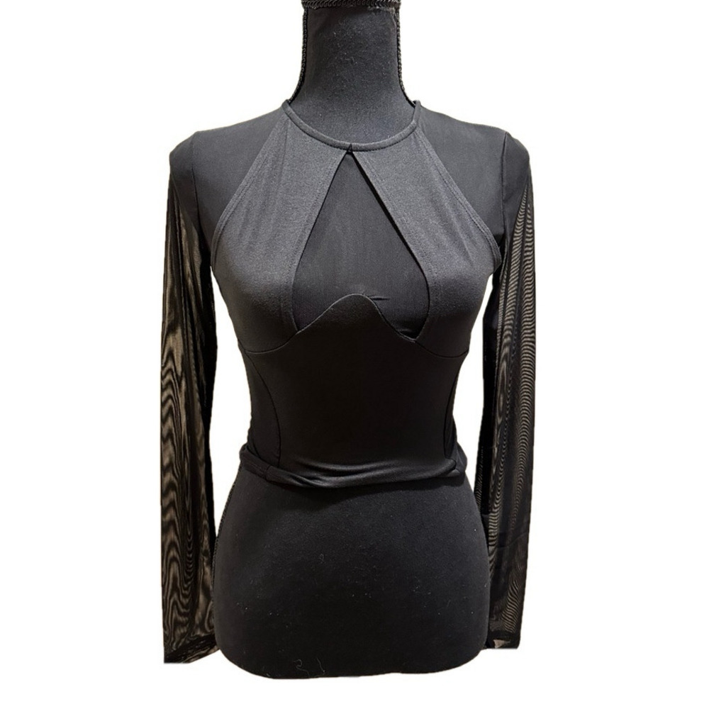 NWT BLACK MESH LONG SLEEVE CUT OUT TOP
